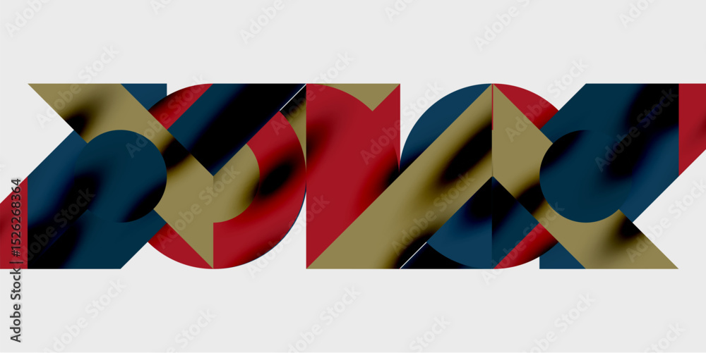 Poster Abstract geometric shapes, red, gold, blue colors. Interlocking forms create dynamic visual pattern. Minimalist design, clean lines.