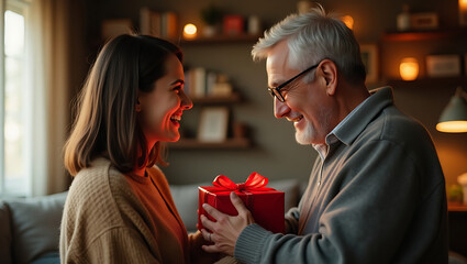 Young Woman Giving Gift to Smiling Father – Heartwarming Father’s Day Moment Indoors

