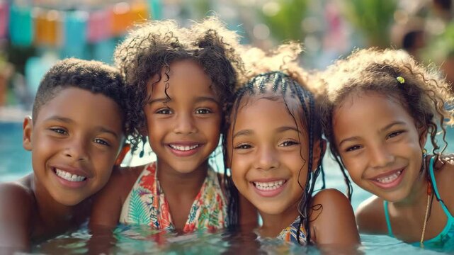 Joyful children enjoying summer fun in a sunny poolside setting with smiles and laughter