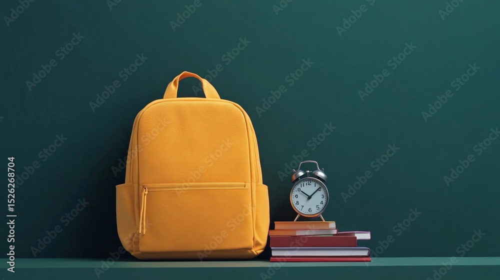 Poster yellow backpack, stack of colorful textbooks and alarm clock sitting on green shelf against matching