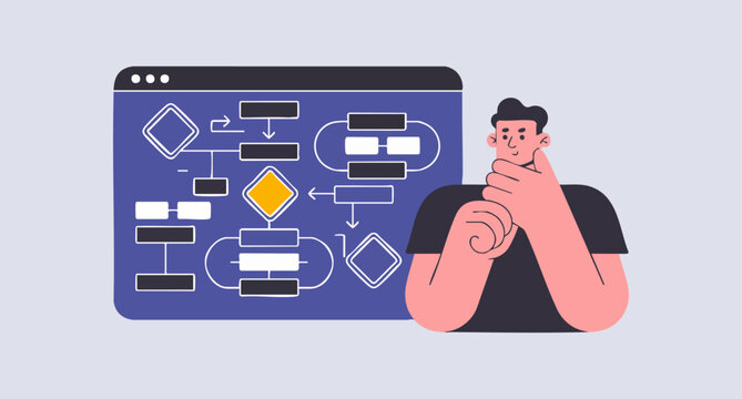 person thinking with flowchart diagram vector illustrations for problem solving and workflow optimization
