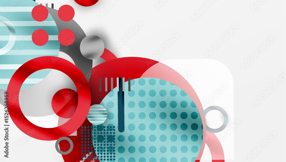 Poster Abstract geometric composition. Red, gray, teal shapes overlap. Circles dominate design, creating dynamic visual effect. Modern aesthetic.