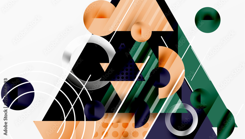 Aufkleber Abstract geometric composition. Shapes overlap, creating dynamic visual interest. Colors include orange, green, navy, silver. Modern design elements present.