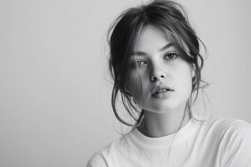 Monochrome portrait of casual woman, Artistic grayscale female close-up, Editorial fashion or emotion concept
