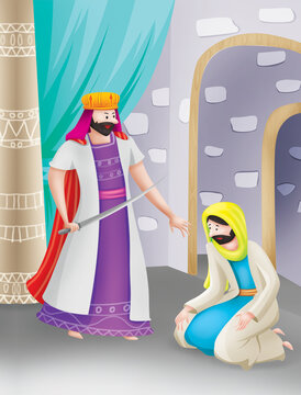 David and Jonathan&rsquo;s friendship saves a life&mdash;illustrated Bible story scene showing courage, trust, and loyalty between two friends in ancient times.