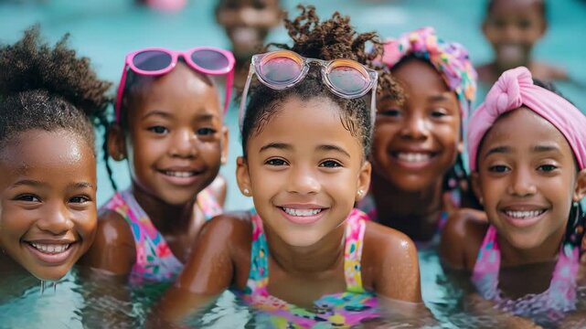 Group of young girls enjoying a sunny day at the pool while having fun together with smiles and laughter
