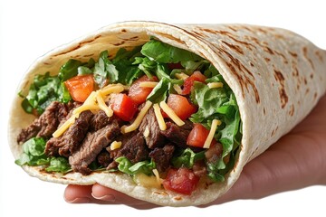 A delicious steak burrito filled with lettuce, tomatoes, cheese, and a flavorful sauce.