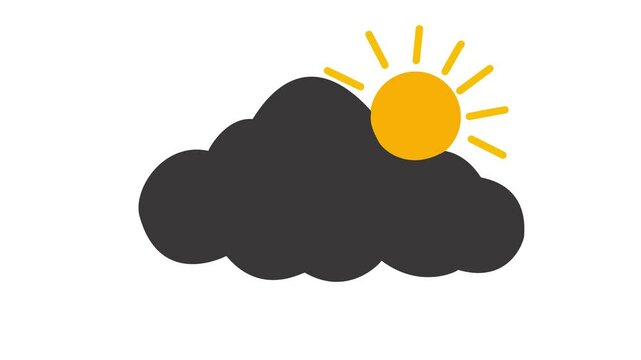 Animated weather icon featuring sun shining brightly behind a black cloud Animation of rotating sun and white clouds. With white background and 4k video quality.