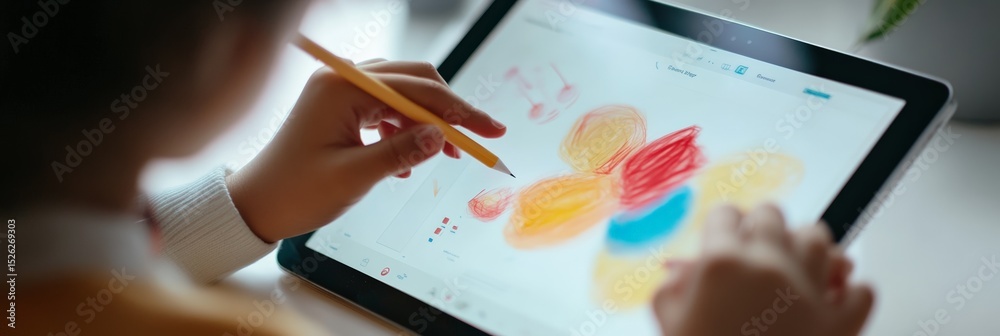 Aufkleber student drawing colorful abstract image with digital pen on tablet, exploring creative potential dur