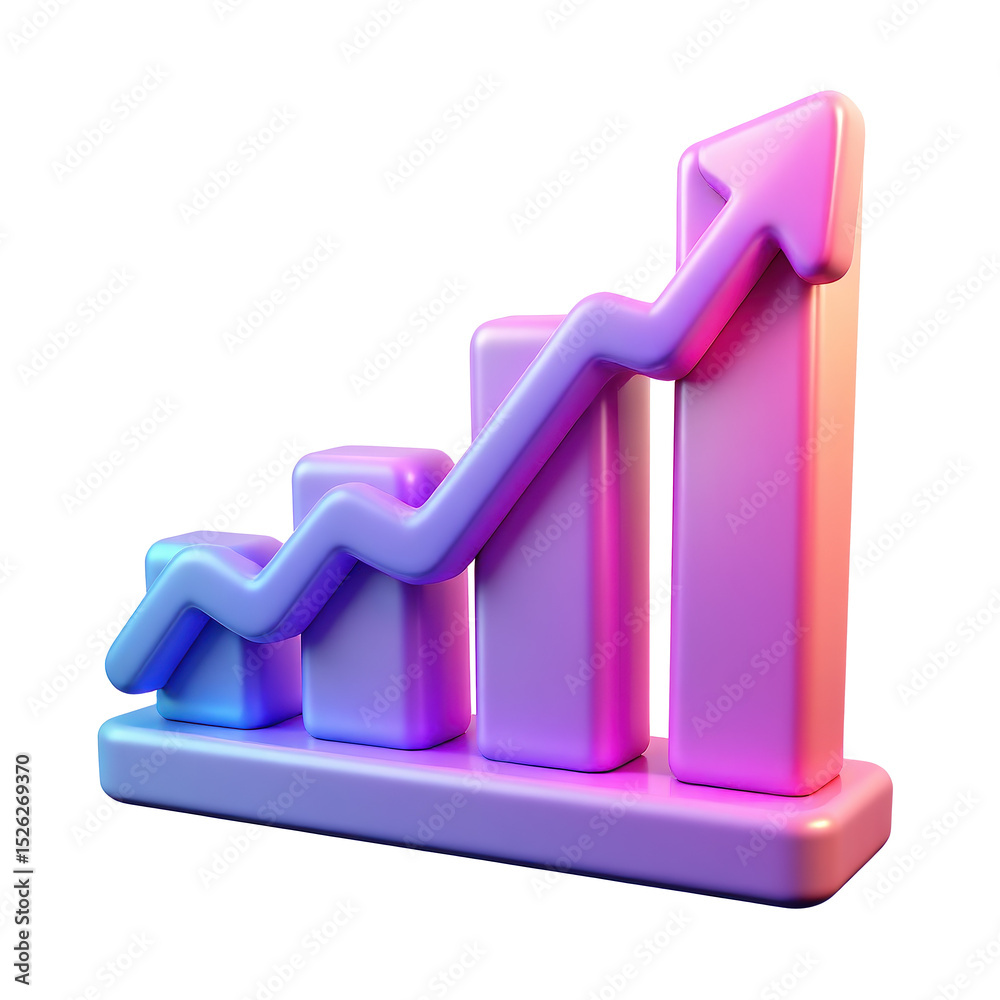 Poster bar graph icon with an upward arrow in vibrant neon holographic style. isolated plastic 3d icon.