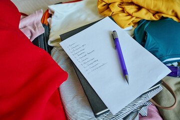 Plakat Handwritten checklist and pen on top of colorful folded clothes inside open suitcase. Concept of travel planning and packing essentials for trip