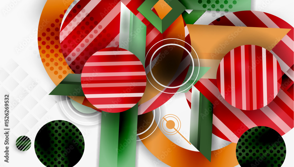 Poster Abstract composition featuring vibrant circles, stripes, rectangles. Geometric shapes overlap creating dynamic visual effect. Modern design elements present.