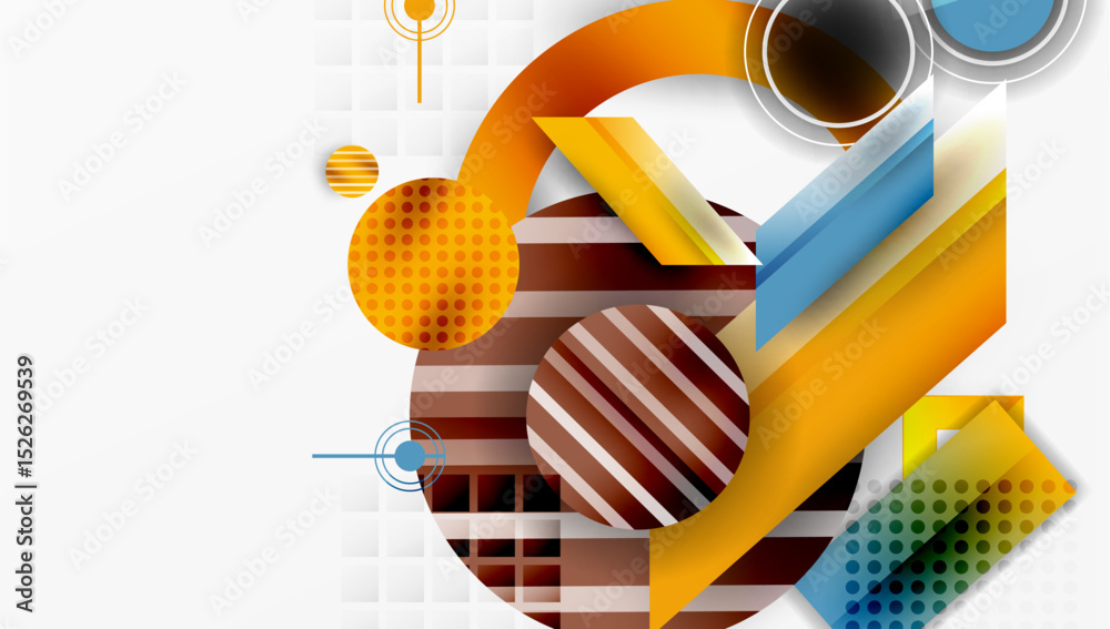 Aufkleber Abstract geometric composition. Circles, rectangles overlap creating dynamic visual effect. Warm, cool colors dominate design.