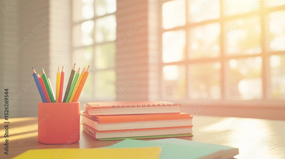 Poster Colorful pencils in a container sit next to a stack of notebooks and sticky notes on a desk, illuminated by sunlight streaming through a nearby window, creating a back to school atmosphere