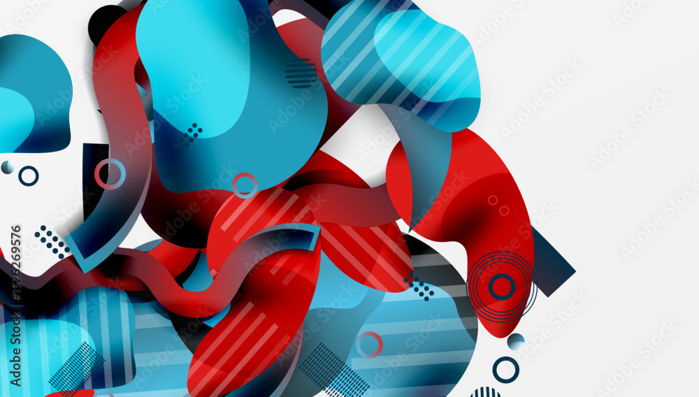 Poster abstract shapes overlap, creating dynamic composition. blue, red, black colors dominate design. mode