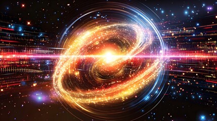 Obraz premium An artistic rendering of a cosmic vortex, brimming with radiant energy, sparkling stars and a dynamic blend of hues, symbolizing the essence of the universe. 