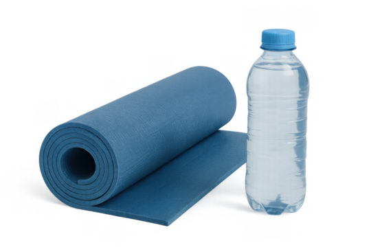 Rolled blue yoga mat beside water bottle, representing wellness and fitness journey against clean backdrop - Powered by Adobe