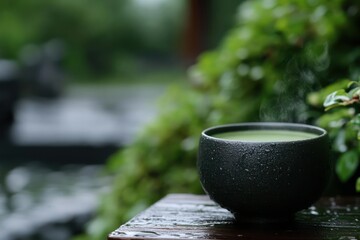 Close Up Of Matcha Tea In Black Bowl On Wooden Table Under Rain With Green Background