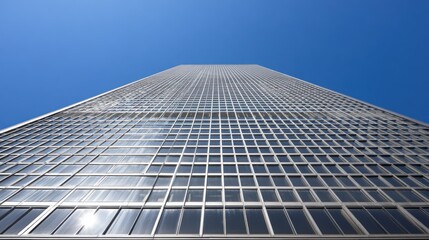 A towering modern skyscraper with a grid-like pattern of reflective glass windows stretches upwards, framed by sleek metallic elements, viewed from a low-angle perspective emphasizing its height and g