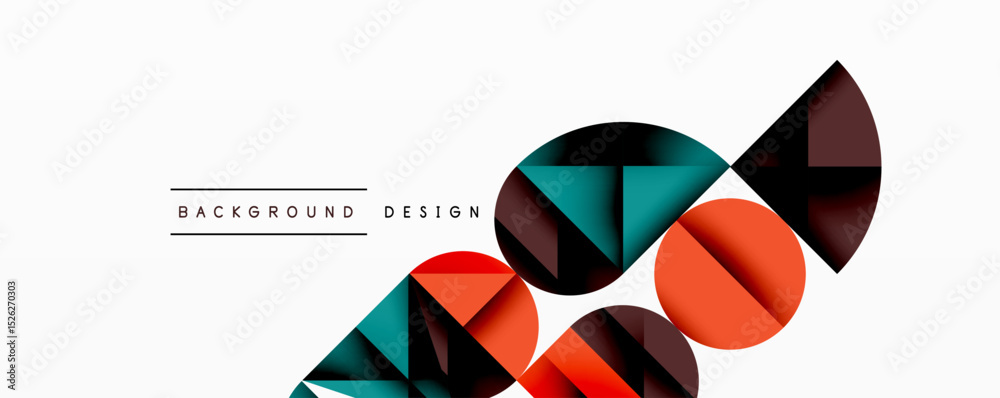 Poster Abstract geometric shapes, vibrant colors, modern design elements. Background features overlapping circles, triangles, rectangles. Clean, minimalist aesthetic.