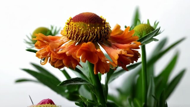 Close up of an orange Helenium flower with water droplets on petals, isolated on white background, beauty in nature