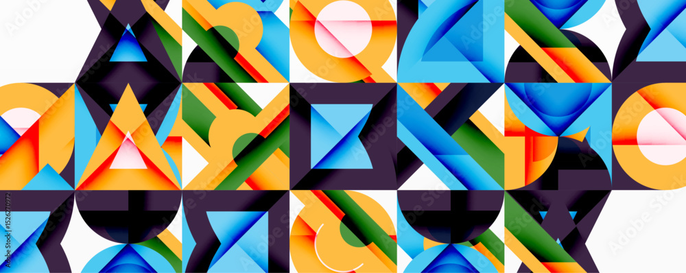 Aufkleber Abstract geometric pattern. Colorful triangles, squares, circles overlap creating dynamic visual texture. Modern design elements present.