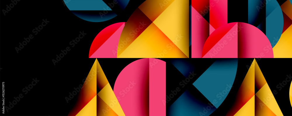 Aufkleber Abstract geometric composition. Colorful triangles, rectangles create dynamic pattern. Modern design, vibrant hues dominate black background.