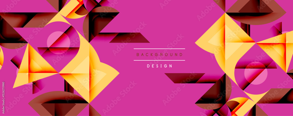 Poster abstract geometric shapes, vibrant pink background. yellow, brown elements create dynamic compositio