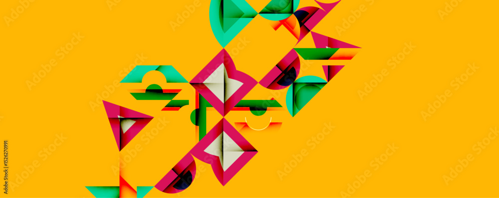 Poster abstract geometric shapes overlap, creating vibrant composition. yellow background emphasizes colorf
