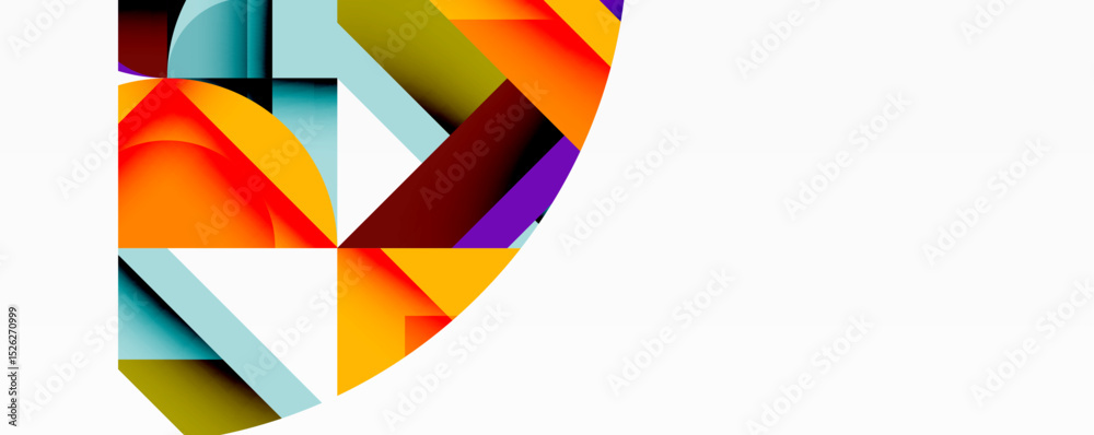 Poster abstract geometric shapes overlap, creating vibrant color blocks. composition features orange, blue,