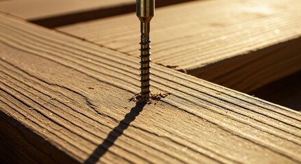 Close-up of a metal screw being driven into a textured wooden plank. Carpentry and construction concept, DIY home improvement project.