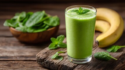 Fresh Green Smoothie with Spinach and Banana on Rustic Wooden Table