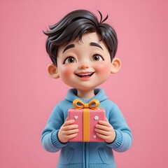 Little boy holding a pink gift box with a happy smile, celebrating the holiday surprise