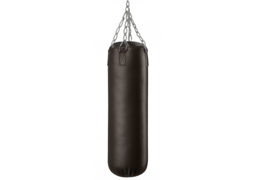 Brown leather punching bag hanging from metal chains against a transparent background, ideal for training and boxing practice