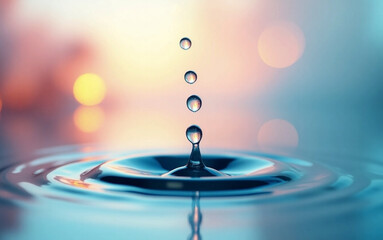 Water droplets splashing on a reflective surface, creating ripples and vibrant bokeh effects. Soft pastel colors background.