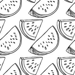vector seamless pattern of black and white watermelon slices on white background.