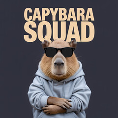 A cute capybara wearing a hoodie and sunglasses, standing confidently, dark navy blue background, transparent background, t-shirt vector style”