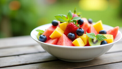 Bright and colorful summer fruit salad in a white ceramic bowl.
