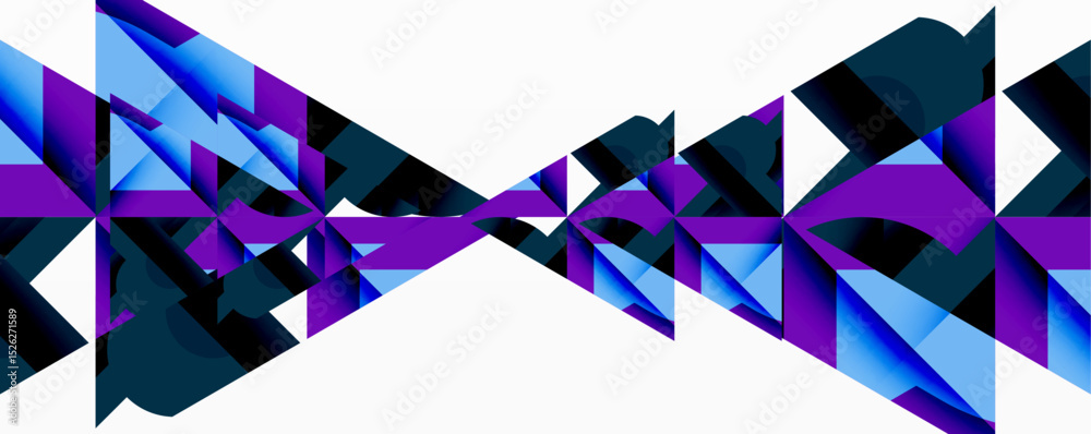 Poster Abstract geometric design. Sharp triangles create dynamic, symmetrical pattern. Blues, purples dominate composition. Minimalist style.