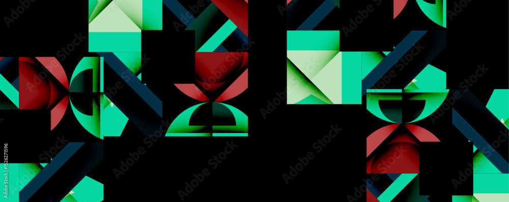 Poster abstract geometric shapes, teal, crimson hues dominate. complex patterns create dynamic visual exper