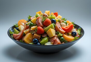 Fresh vegetable salad with tomato, cucumber, and green initiatives in a bowl or on a plate