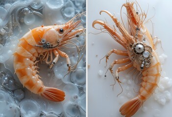 Fresh shrimp on ice displayed on a white table with a clean seafood presentation