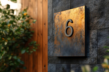 Modern house number plaque mockup on textured wall, ideal for signage or exterior design.