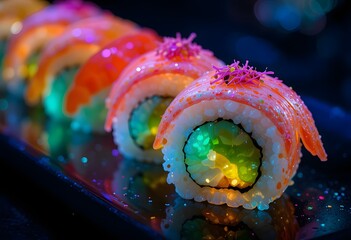 a rainbow sushi roll with colorful layers of rice and filling, illuminated by vibrant neon lighting