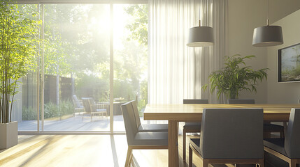 Fototapeta premium Bright contemporary dining room with wooden table and natural light
