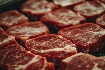 Obraz premium Freshly cut beef steaks arranged neatly on a tray, showcasing marbling and texture, ideal for cooking