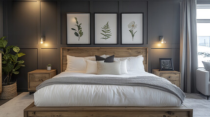 cozy and modern bedroom featuring wooden bed frame, stylish decor, and botanical art