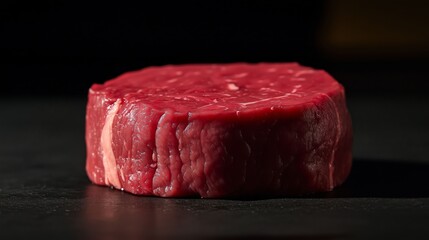 A juicy piece of raw steak on a dark background. Perfect for culinary and meat concepts.