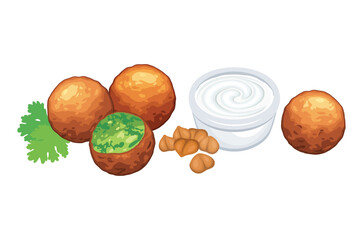 Falafel and dipping sauce icon set vector. Chickpea falafel balls, yogurt sauce and parsley icons isolated on a white background. Middle eastern deep fried chickpea balls illustration