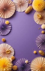 Stylish violet-toned party background with decorative paper fans, neutral yellow pom-poms, and gold-glitter lips &mdash; arranged for negative space.

